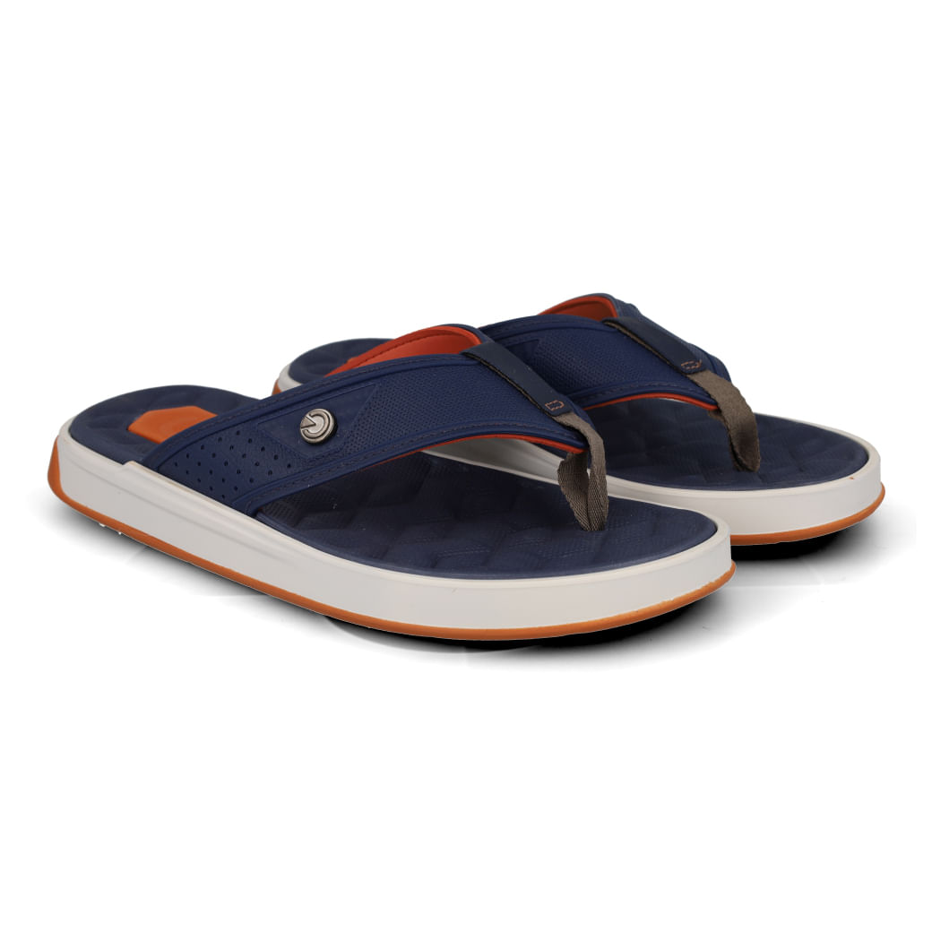 Chinelo masculino Cartago azul com detalhes laranja em vista frontal direita para seção vai servir